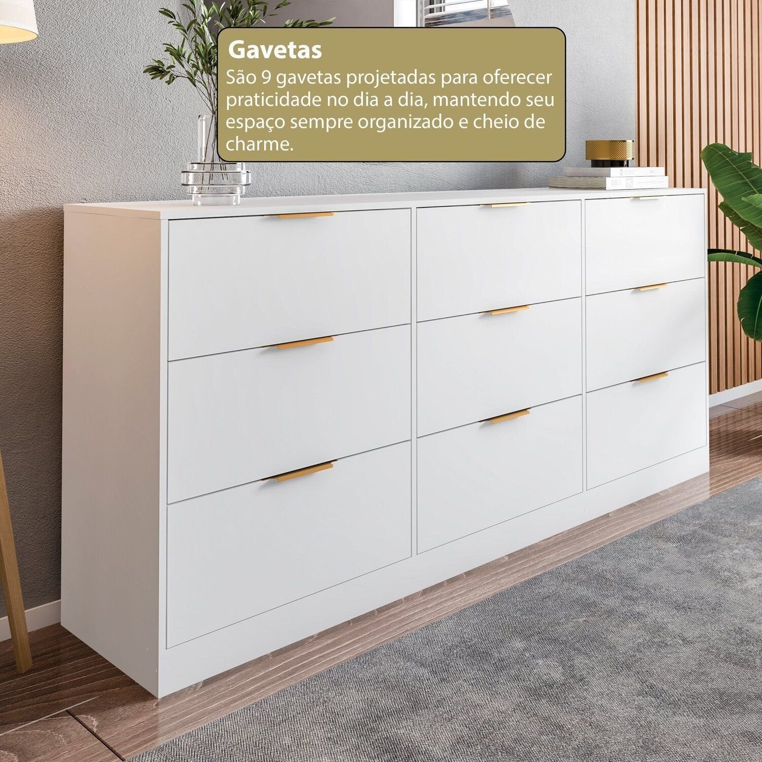 Cômoda para Quarto 9 Gavetas 200x90cm Sun Yescasa Branco