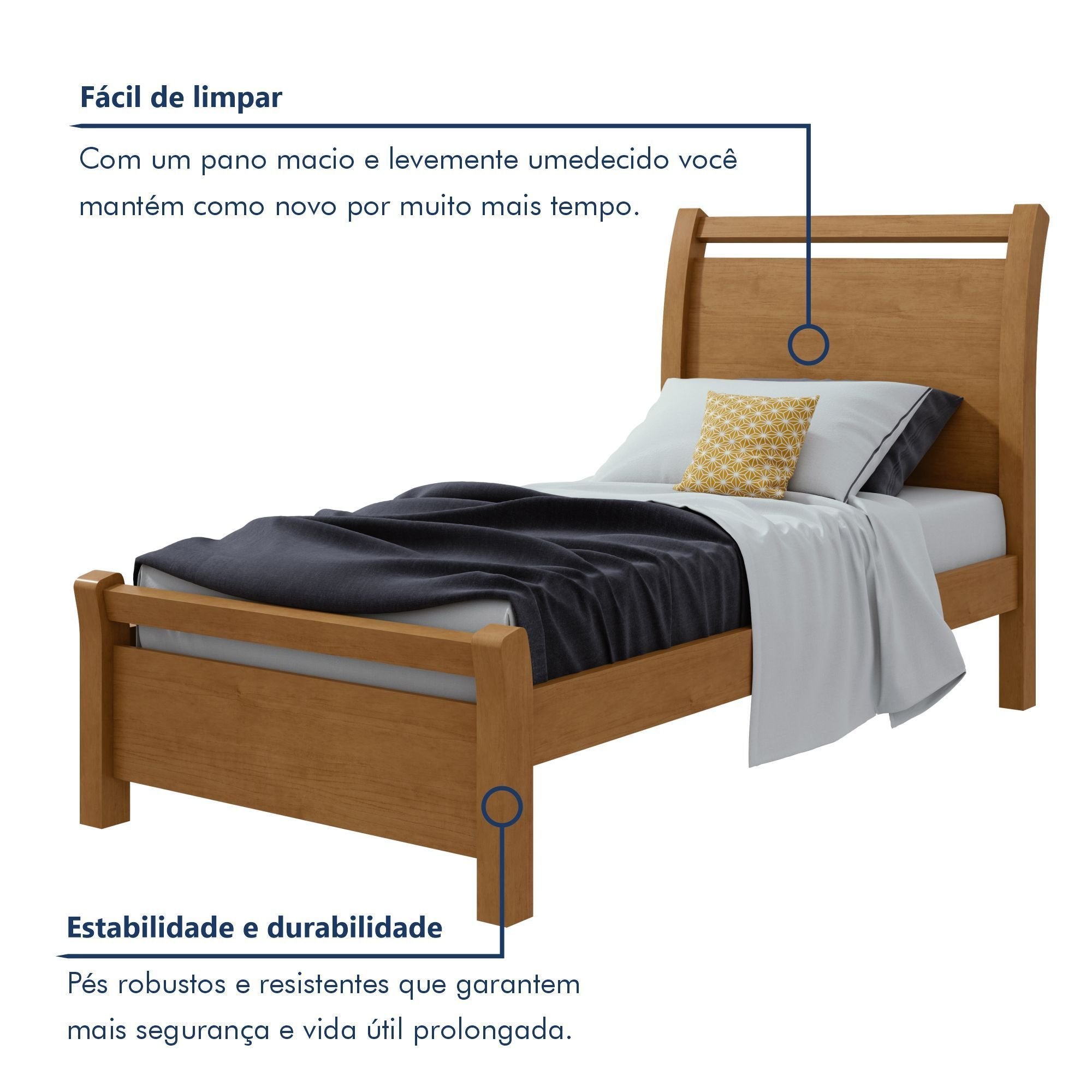 Cama Solteiro Cabeceira Curva MDF Móveis Lopas Reali Plus Amêndoa Clean