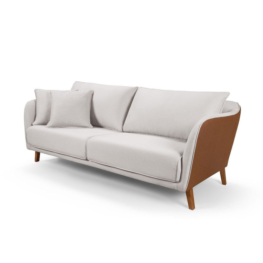 Conjunto Sofá Living Hórus e Duas Poltronas Tecido Composê Linho Cru e Marrom Terracota 2,00m