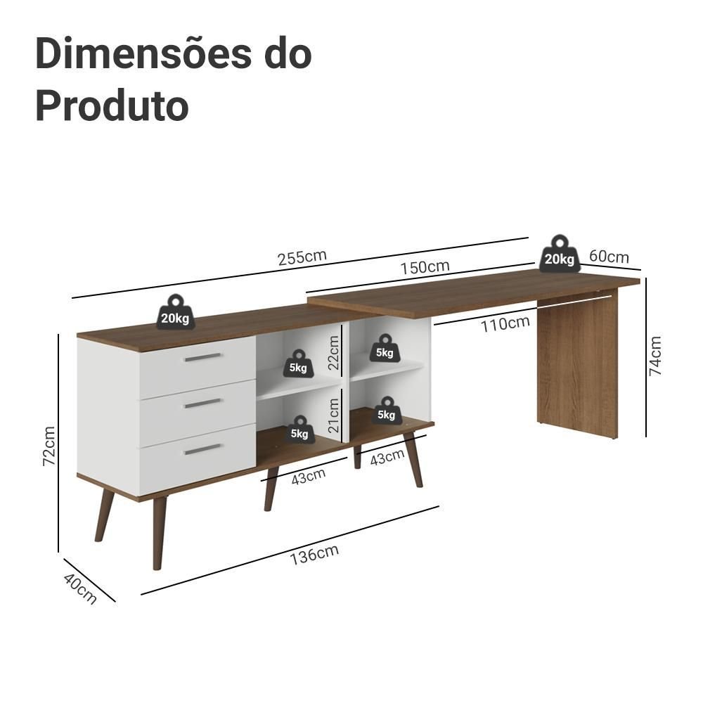 Escrivaninha em L Mesa Gamer 3 Gavetas Lisboa Madesa