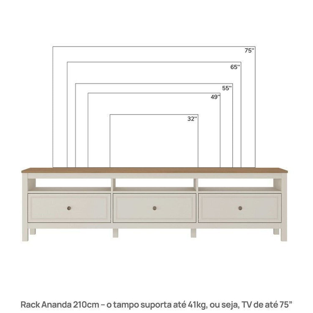 Conjunto Sala de Estar 3 Peças Rack, Cristaleira e Armário Madeira Maciça Ananda CabeCasa Off White/Mel