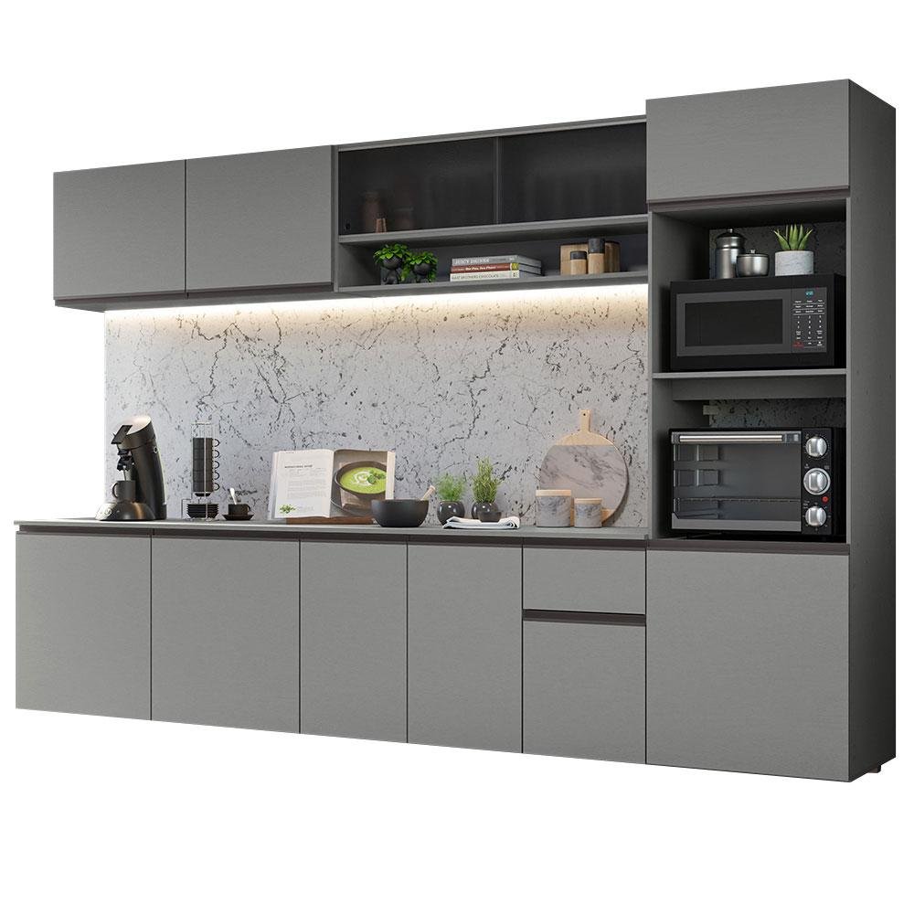 Armário de Cozinha Completa 300cm Suspenso Nice Cinza Madesa 04