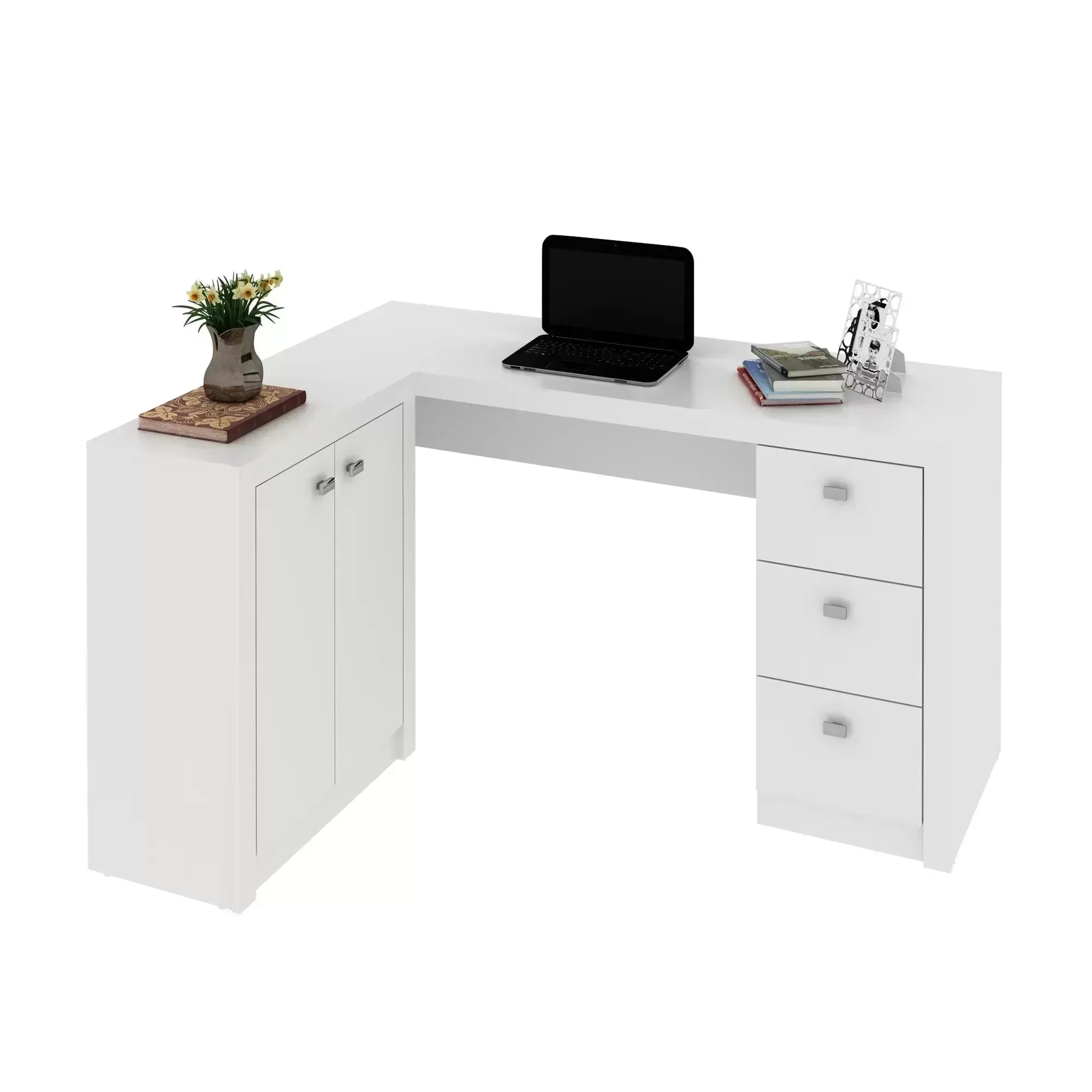 Escrivaninha Mesa Escritório em L com Armários ME4100 3 Gavetas 136cm Tecno Mobili