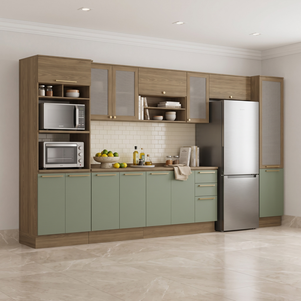 Cozinha Completa Botanic Kappesberg 7 Peças Torre Quente Paneleiro Balcão Nogueira/Verde Oliva 410x222x52cm