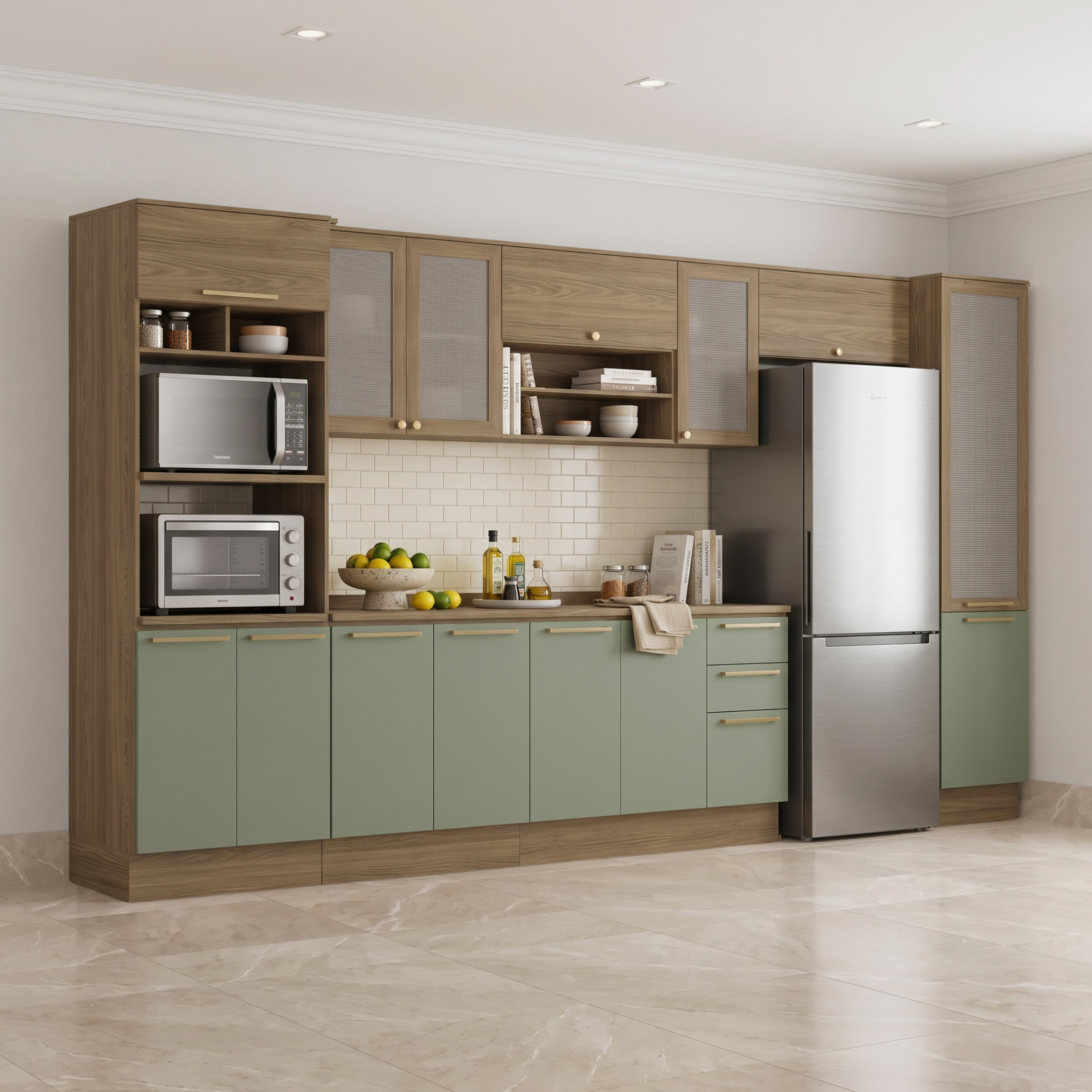 Cozinha Completa Botanic Kappesberg 7 Peças Torre Quente Paneleiro Balcão Nogueira/Verde Oliva 410x222x52cm