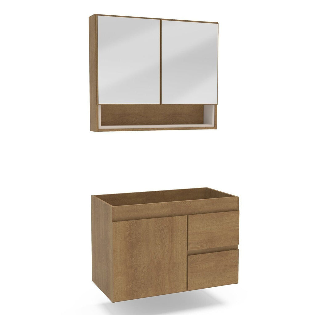 Conjunto Gabinete para Banheiro com Espelheira Travertino Politorno 80cm Marrom/Freijó/Creme