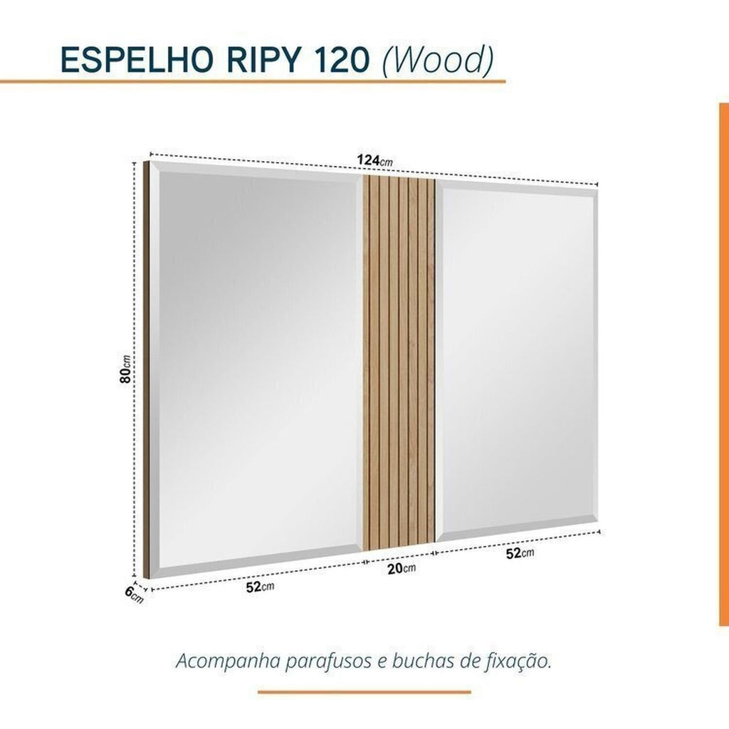 Conjunto para Banheiro Bancada em Porcelanato com Cuba Esculpida, Armário e Espelho Ripy Bumi 120cm Amarelo/Wood/Travertino