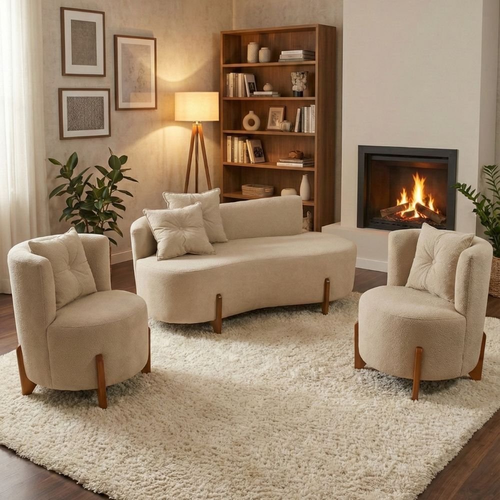 Conjunto Sala de Estar 2 Poltronas e Sofá Curvo Orgânico Boucle MD Montanaris Decor