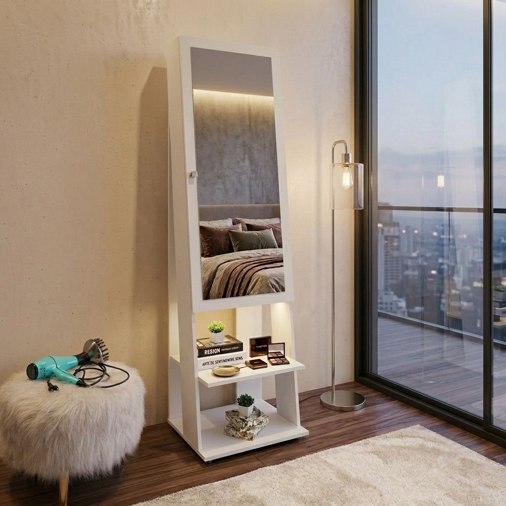 Espelho de Chão Grande Retangular 175x49cm 2 Prateleiras Porta Acessórios Retrô PE2024 Tecno Mobili Branco