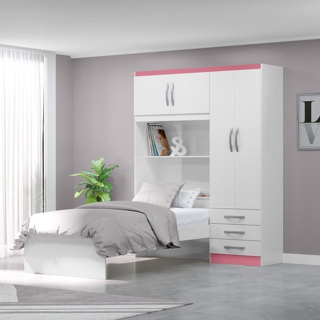 Conjunto Infantil Guarda-Roupa com Cama Lisboa 4 Portas e 3 Gavetas com Cômoda Carla 4 Gavetas MX Móveis Branco/Rosa