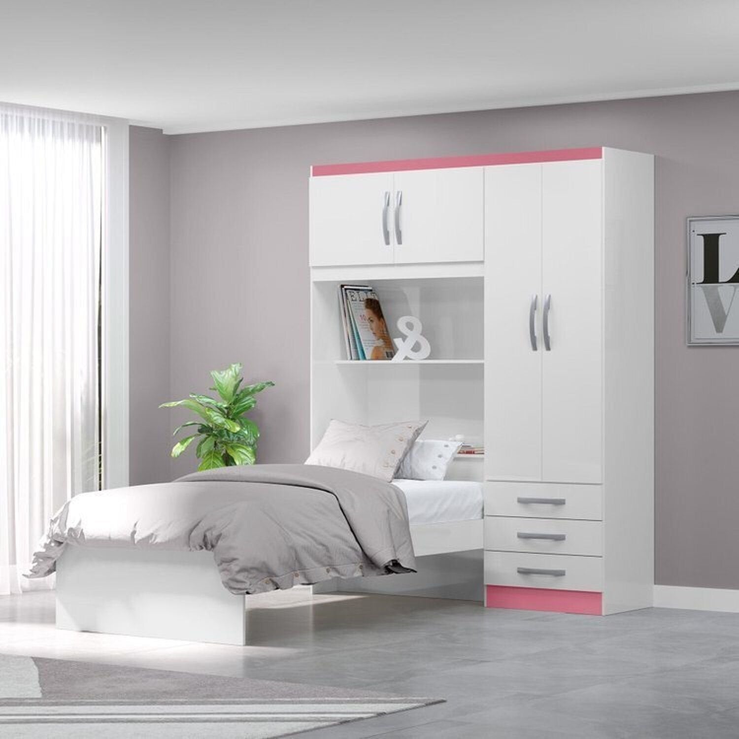 Conjunto Infantil Guarda-Roupa com Cama Lisboa 4 Portas e 3 Gavetas com Cômoda Carla 4 Gavetas MX Móveis Branco/Rosa