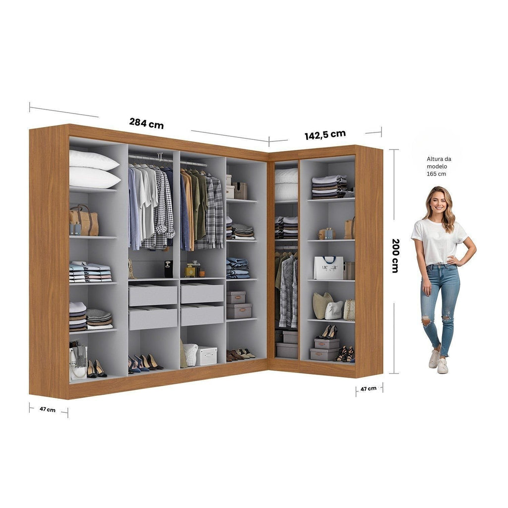 Guarda-Roupa Modulado de Canto 11 Portas 4 Gavetas Paris Maxel Off White/Cinamomo