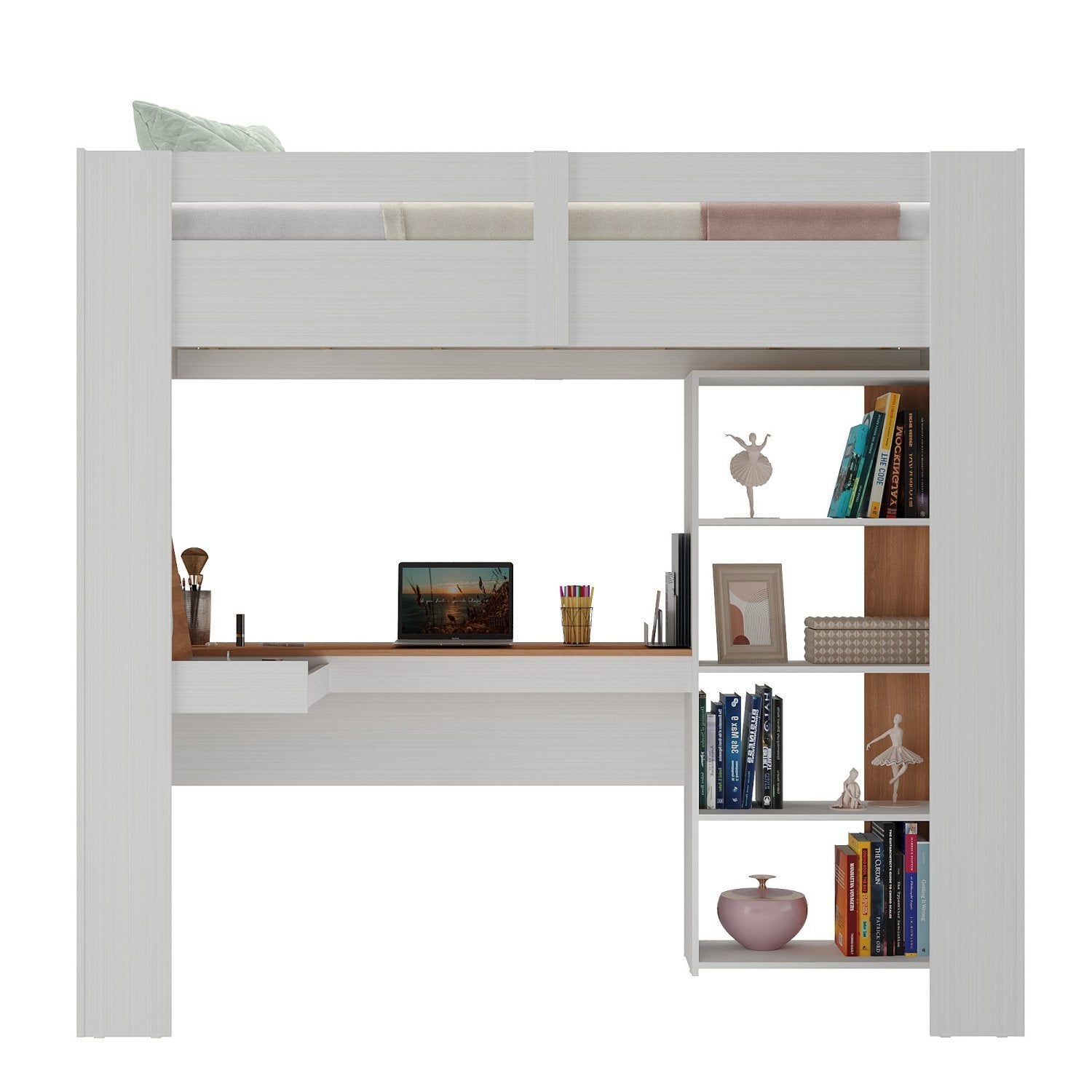 Cama Alta Multifuncional com Escrivaninha Penteadeira Yescasa Branco/Nogal