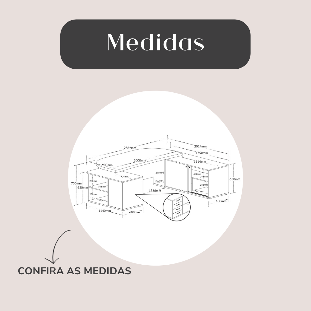 Escrivaninha Mesa Escritório Presidente Tamburato 4 Gavetas 2 Portas 258,2cm Charuto e Preto Artany
