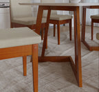 Conjunto Mesa com Vidro Pés Madeira Maciça 6 Cadeiras Madeira Dakota Tecido A40 Marrom Móveis Meneghetti