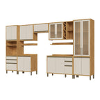 Cozinha Completa Modulada Barbados 7 Peças 16 Portas com Vidro e Tampo 100% MDF Espresso Móveis Bege/Amêndoa/Off White