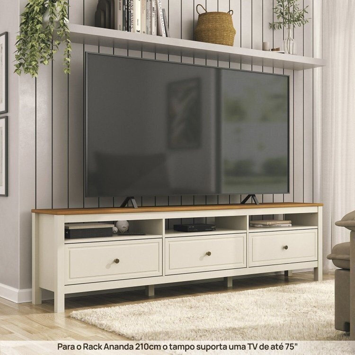 Conjunto Sala de Estar 2 Peças com Rack 2,10 e Armário 2 Portas Ananda CabeCasa MadeiraOriginals Branco Off White/Mel