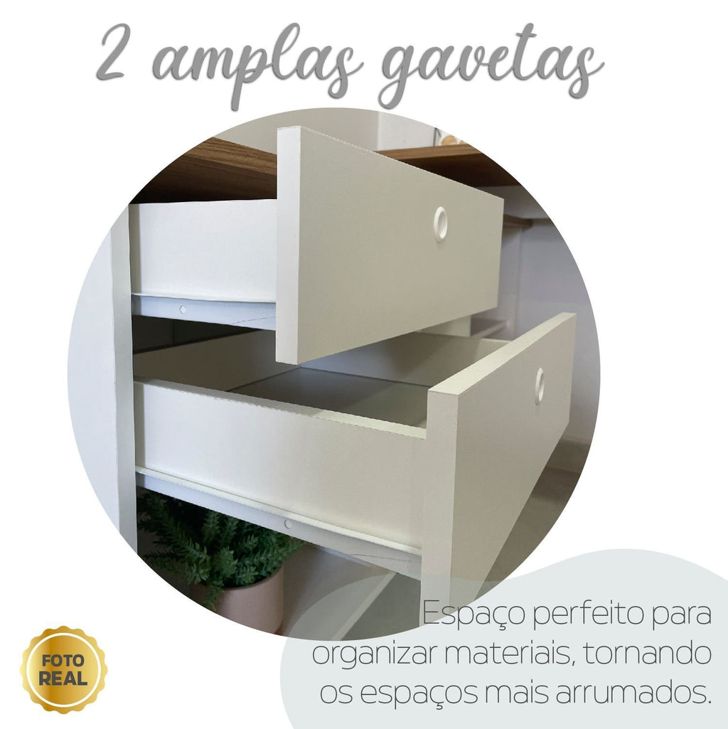 Escrivaninha Retrô em L Mesa Escritório e Home Office 2 Gavetas 5 Nichos 145cm Artany