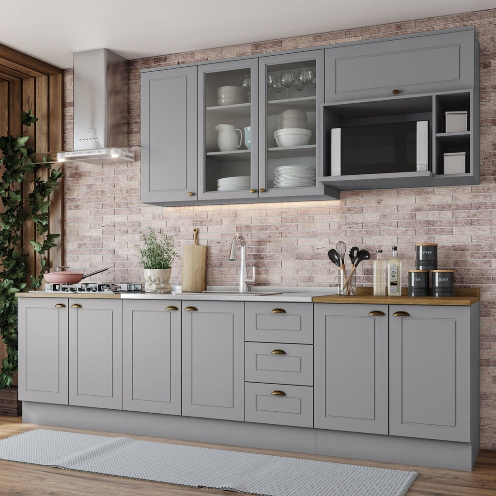 Cozinha Completa Modulada Emily 6 Peças Aéreo Microondas Cinza/Nature Espresso Móveis