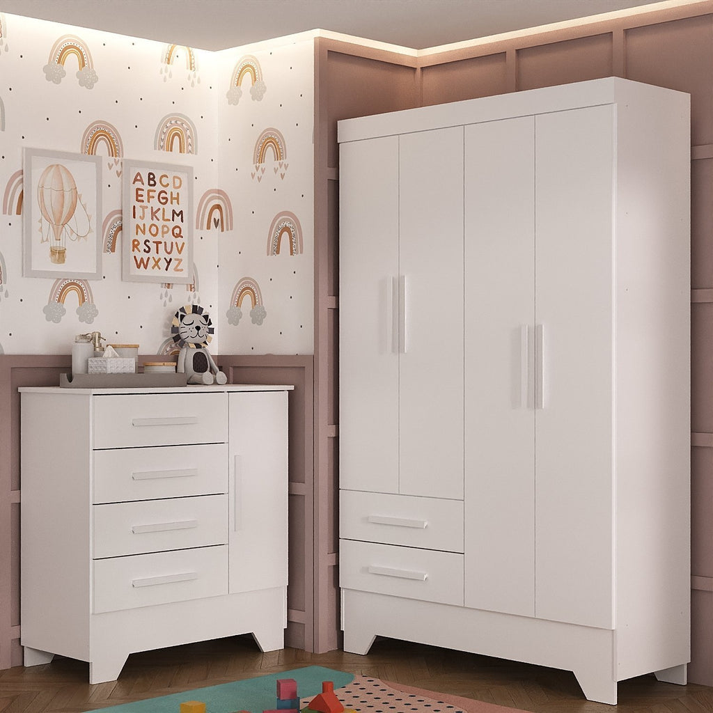Quarto Infantil Completo Guarda-Roupa 4 Portas 2 Gavetas com Cômoda Liz Espresso Móveis