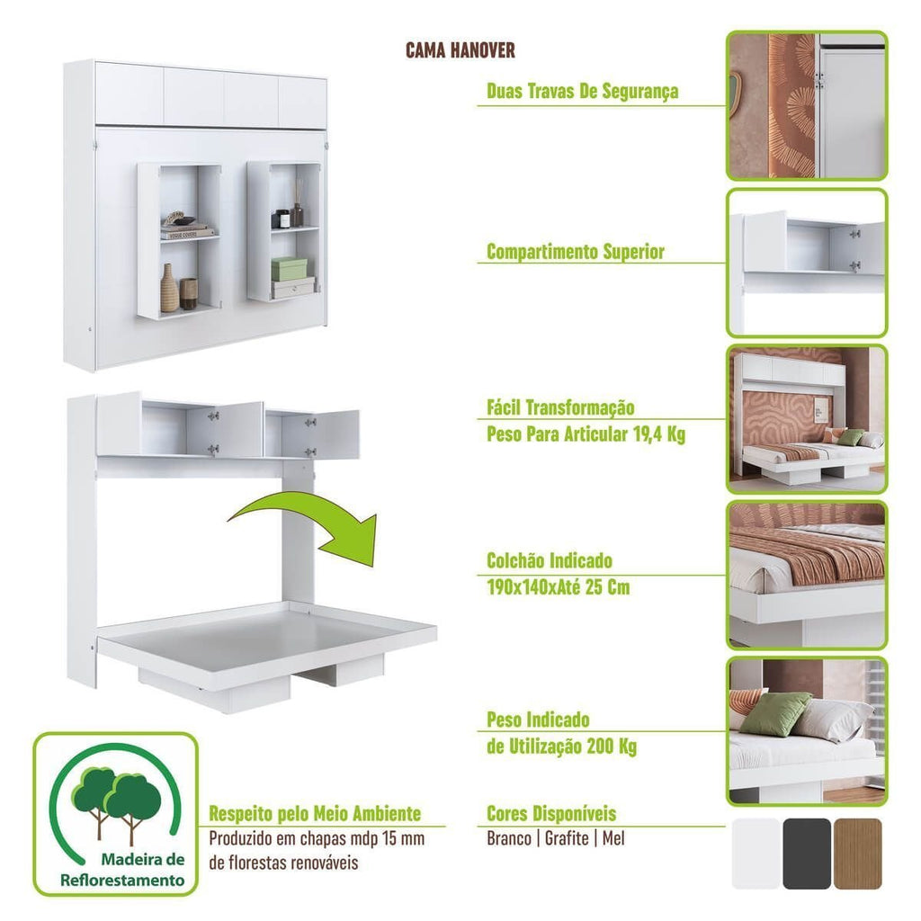 Cama Casal Articulável Horizontal com Portas 140 Hanover Yescasa Marrom/Mel