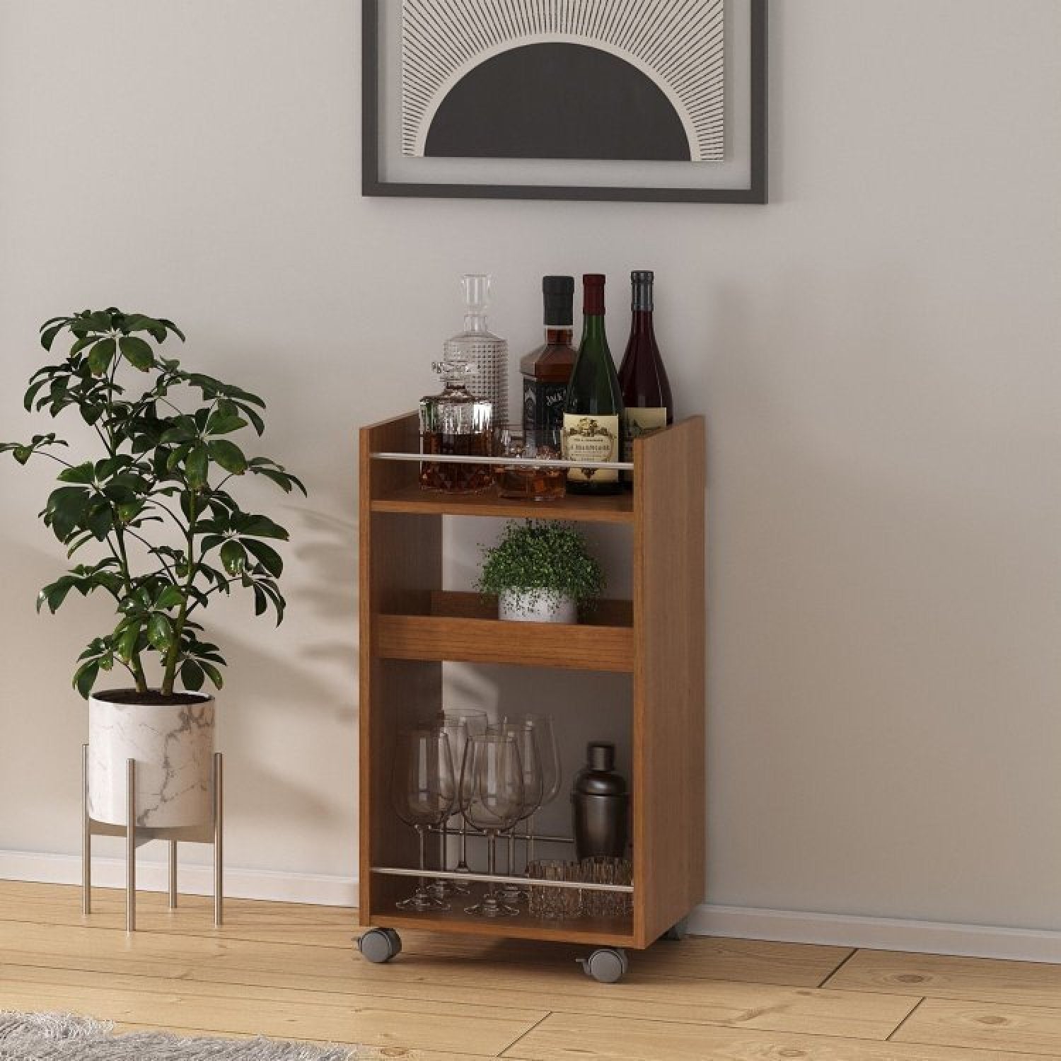 Conjunto Sala de Estar Painel para TV até 75 pol Atenas com Mesa de Centro Onda e Carrinho Bar Brito Marrom