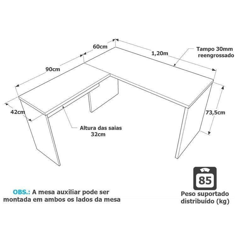 Escrivaninha Mesa Escritório em L Office 120cm Tampo 30mm Netmobil Branco
