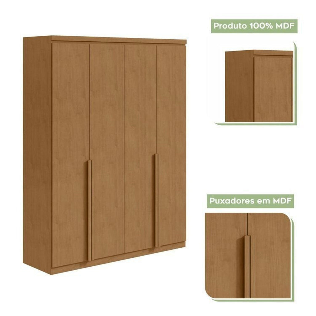 Kit Quarto Infantil com Guarda-Roupa 4 Portas e Cama de Solteiro Marrom Amêndoa Clean Móveis Lopas
