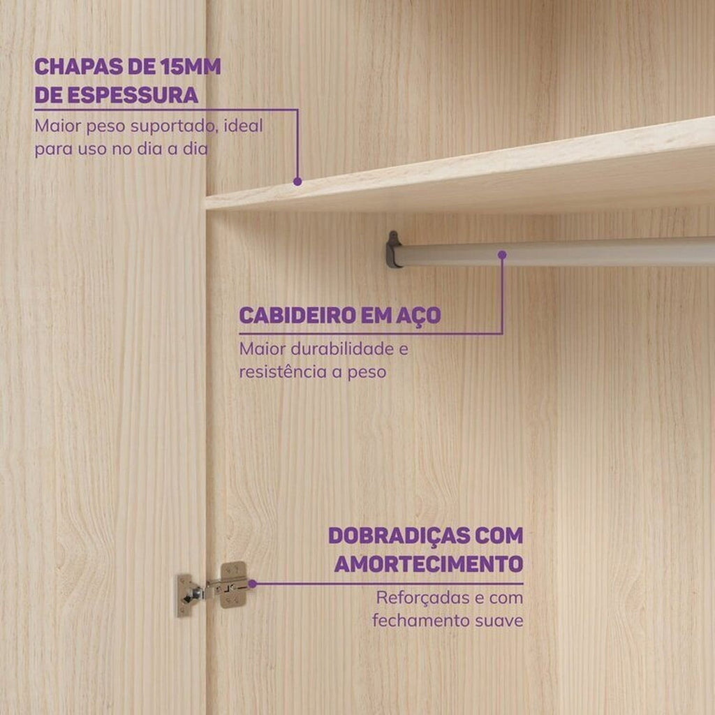 Quarto Completo com Guarda-Roupa Curió e Bicama Petit Casatema MadeiraOriginals Branco/Mel