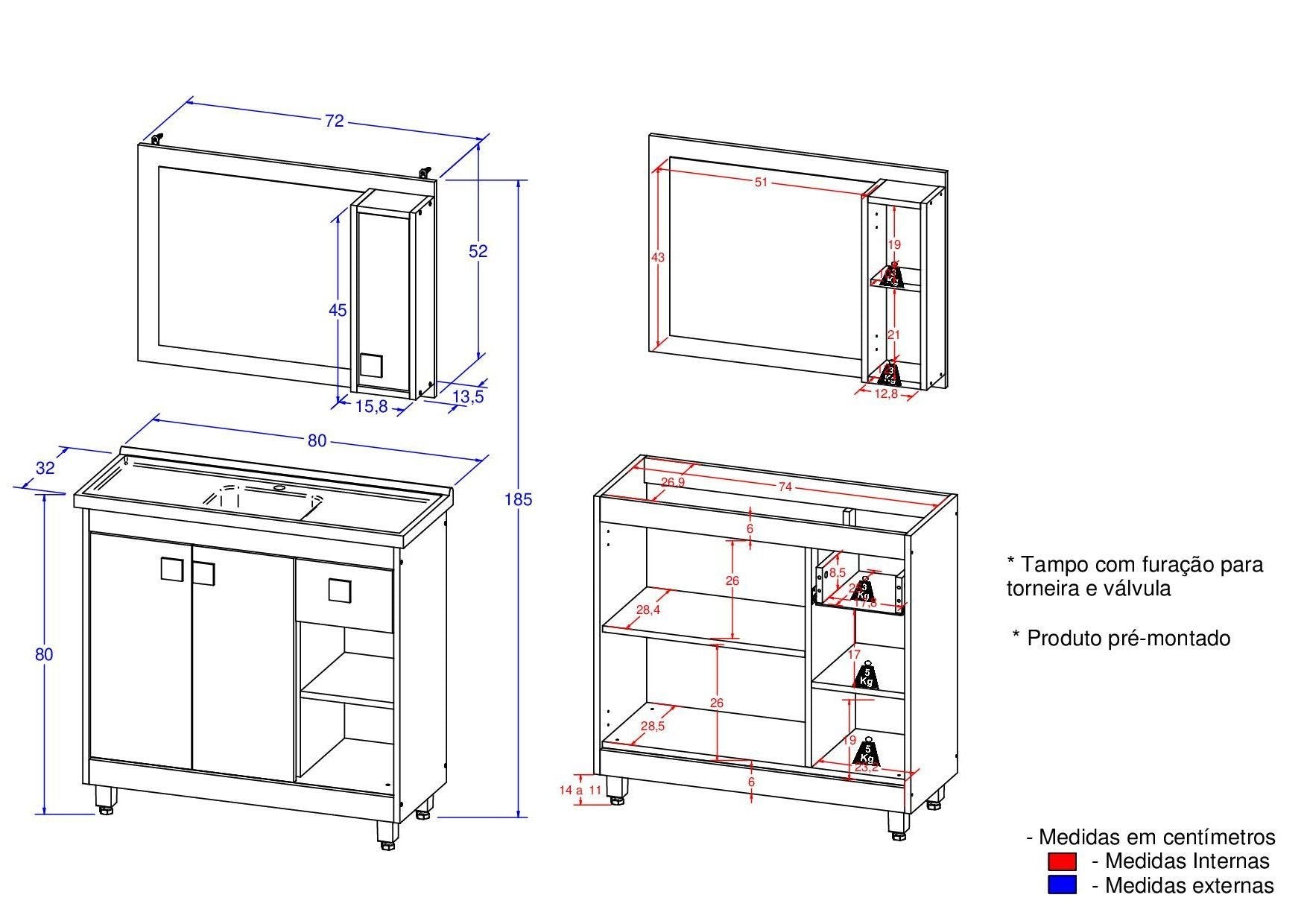 Conjunto para Banheiro Gabinete Suspenso com Cuba e Espelheira Essenza Ozini 80cm Branco