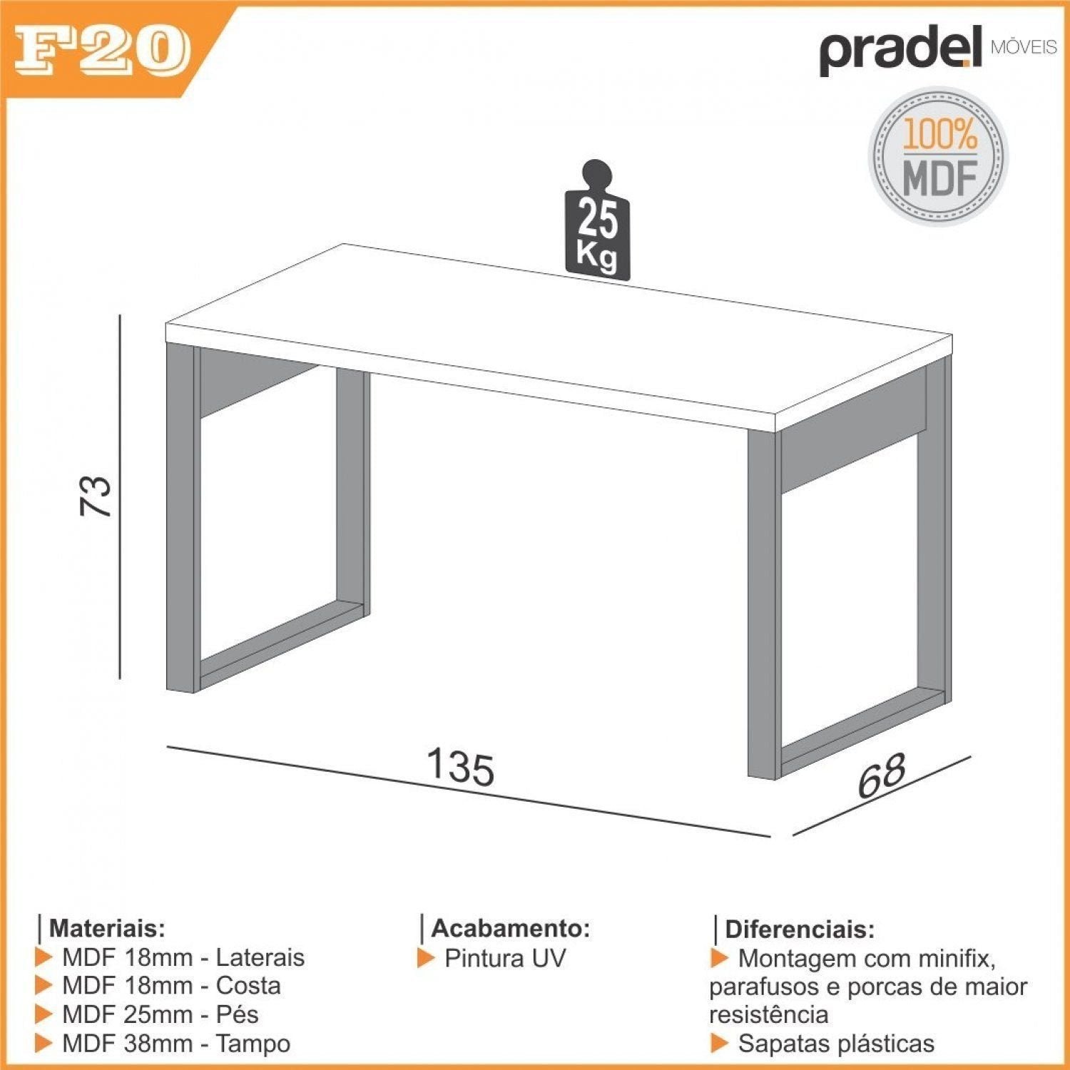 Escrivaninha Mesa Escritório Industrial 100% MDF 135cm Freijó/Preto Pradel