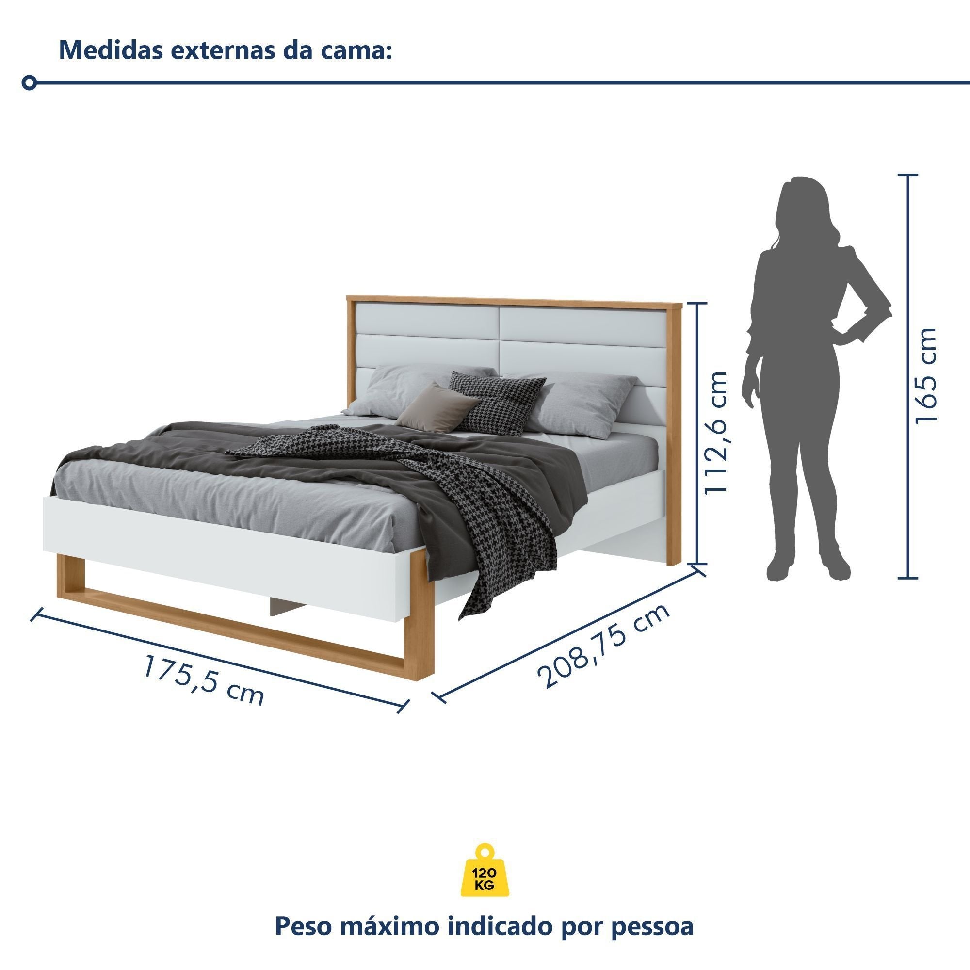 Cama Queen com LED e Pés Flutuantes Freetown Móveis Lopas Marrom Amêndoa Clean/Branco