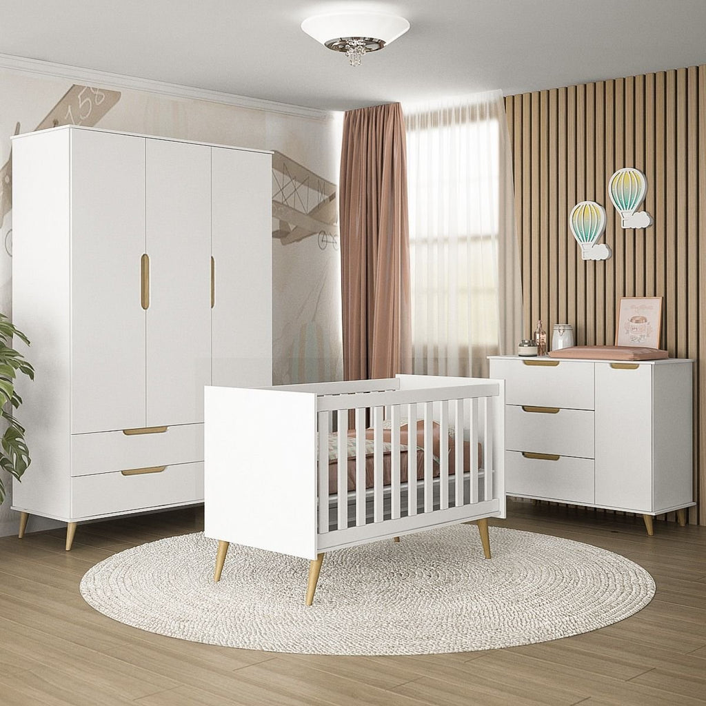 Quarto de Bebê Completo Retrô Melinda Mobili Berço 3 em 1 Cômoda e Guarda-Roupa