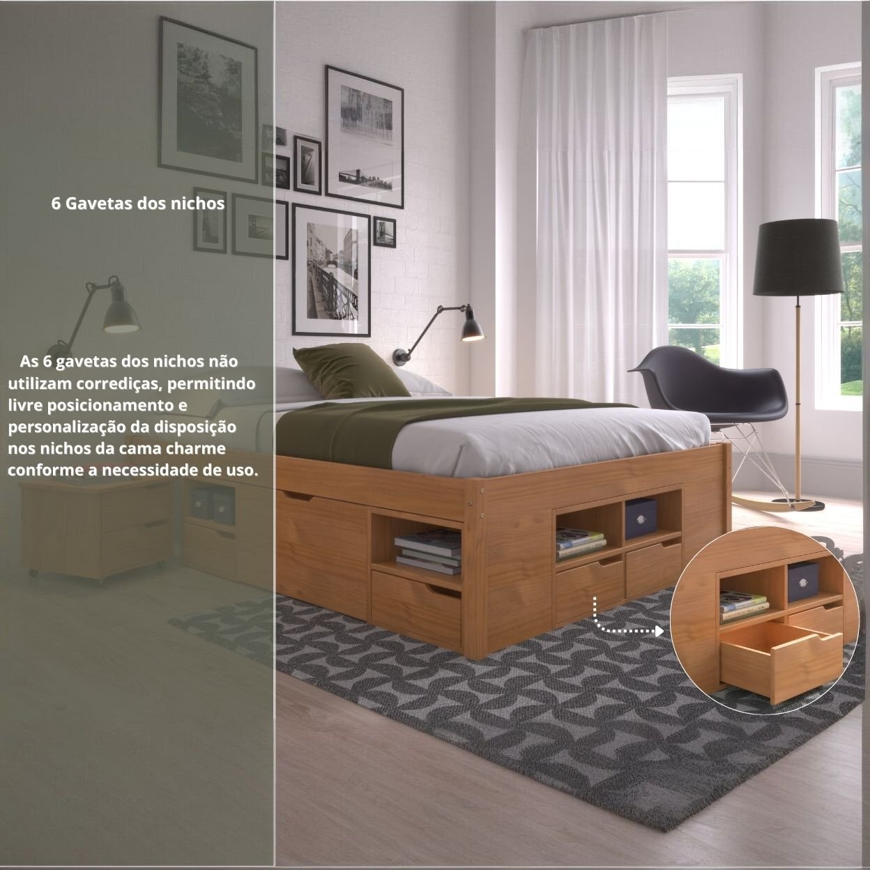 Cama Queen Multifuncional Madeira Maciça 6 Gavetas Charme Inter Link Marrom/Amendoa