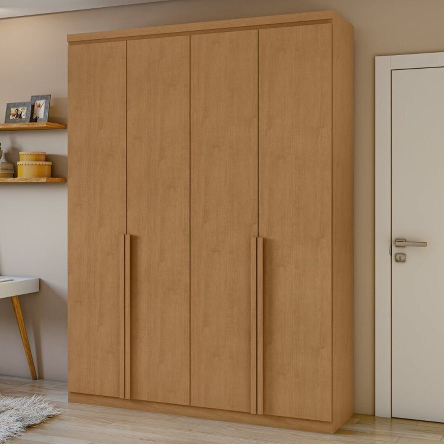 Kit Quarto Infantil com Guarda-Roupa 4 Portas e Cama de Solteiro Marrom Amêndoa Clean Móveis Lopas