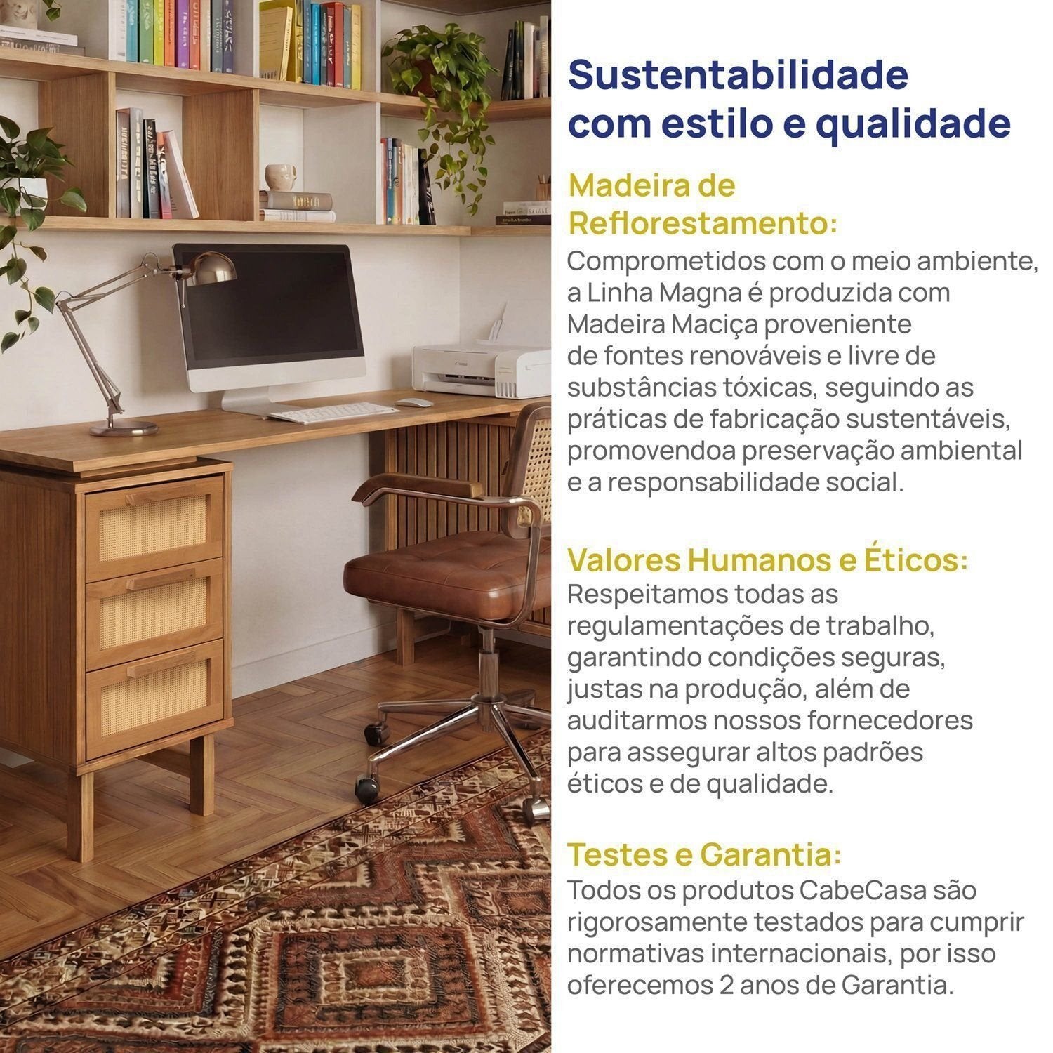 Escrivaninha em L Madeira Maciça 3 Gavetas Rattan e Portas Ripadas Magna CabeCasa MadeiraMadeira