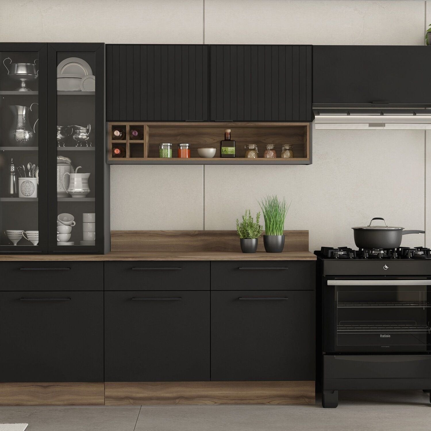Cozinha Modulada em Aço 5 Peças 8 Portas 3 Gavetas Cristaleira com Rodapé PVC Exclusive Itatiaia Preto/Grafite