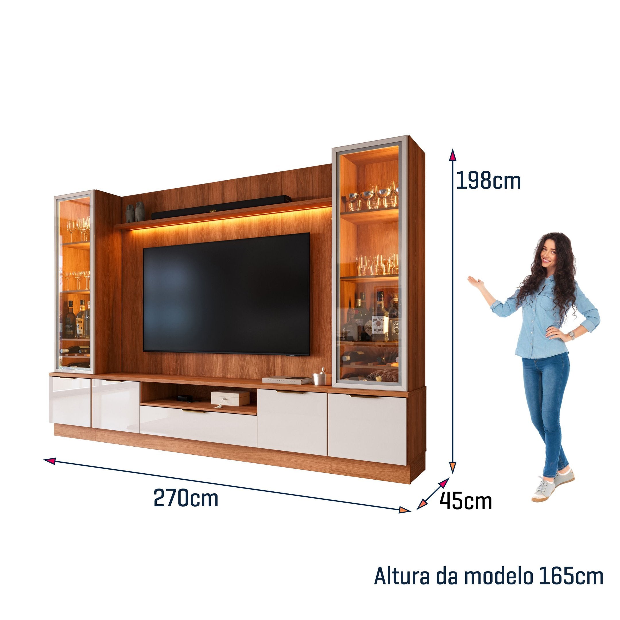 Estante Home Noble 270cm para TV Até 75 Polegadas com 2 Cristaleiras, Portas Reflecta e LED