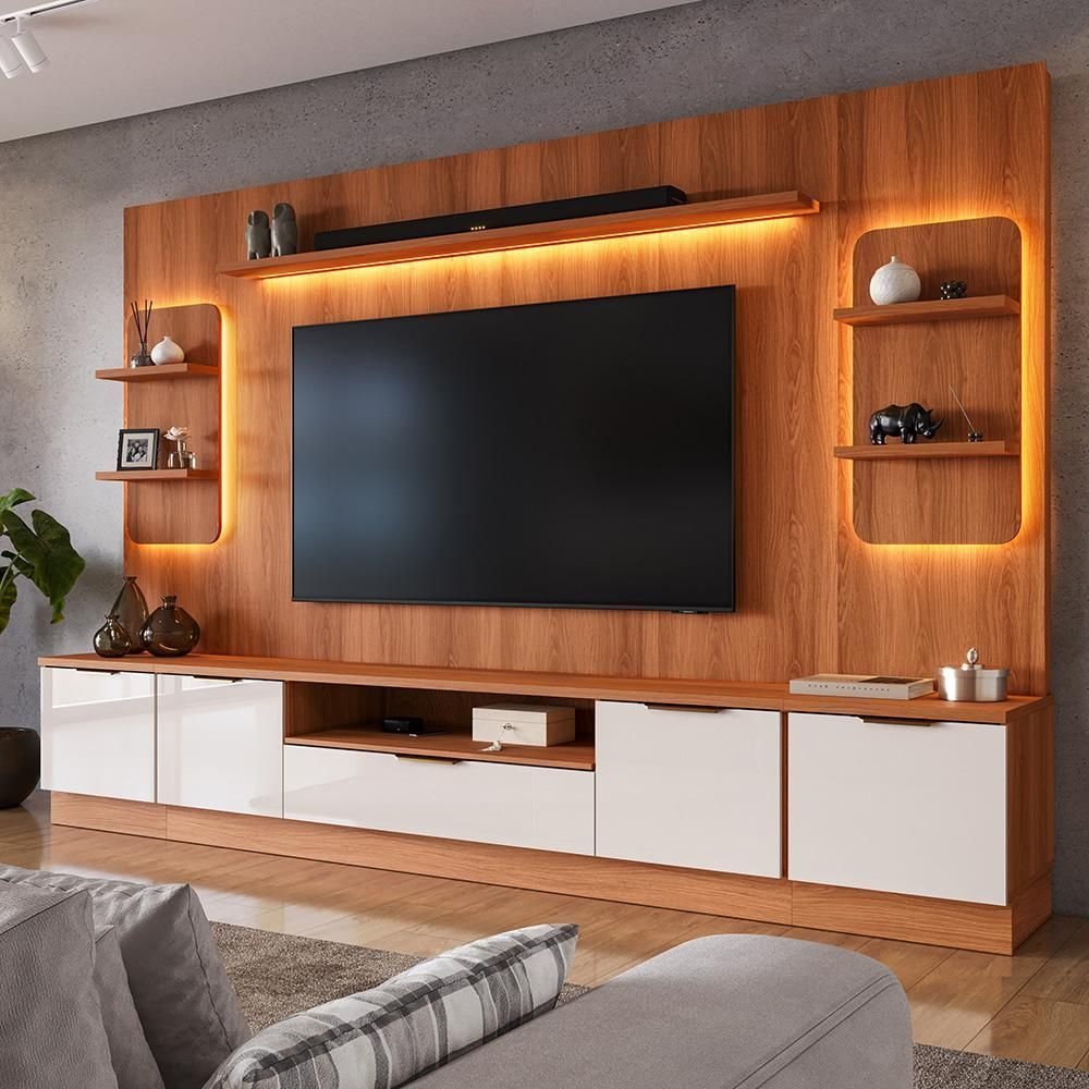 Estante Home para TV até 75” Noble 270cm com 2 Torres Nichos e LED Jequitiba/Off White Movelove