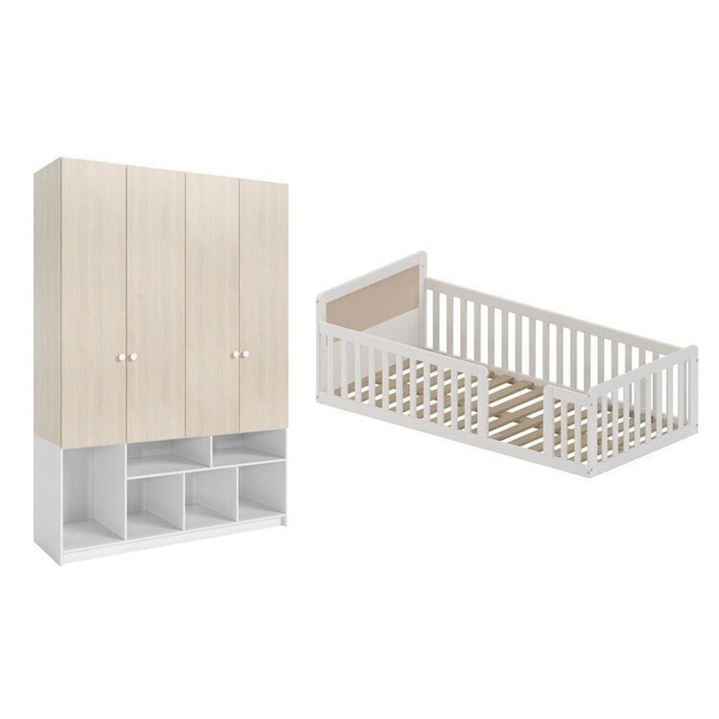 Conjunto com Cama Solteiro Giulia Rattan e Guarda Roupa Curió Casatema MadeiraOriginals Branco/Marrom