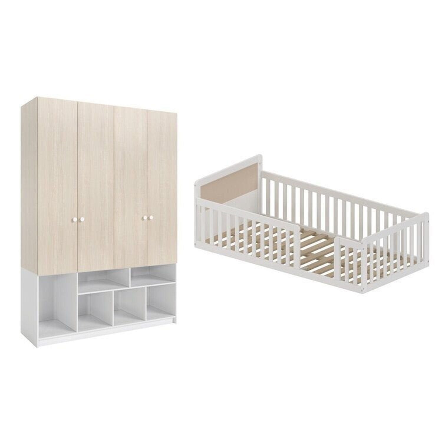 Conjunto com Cama Solteiro Giulia Rattan e Guarda Roupa Curió Casatema MadeiraOriginals Branco/Marrom