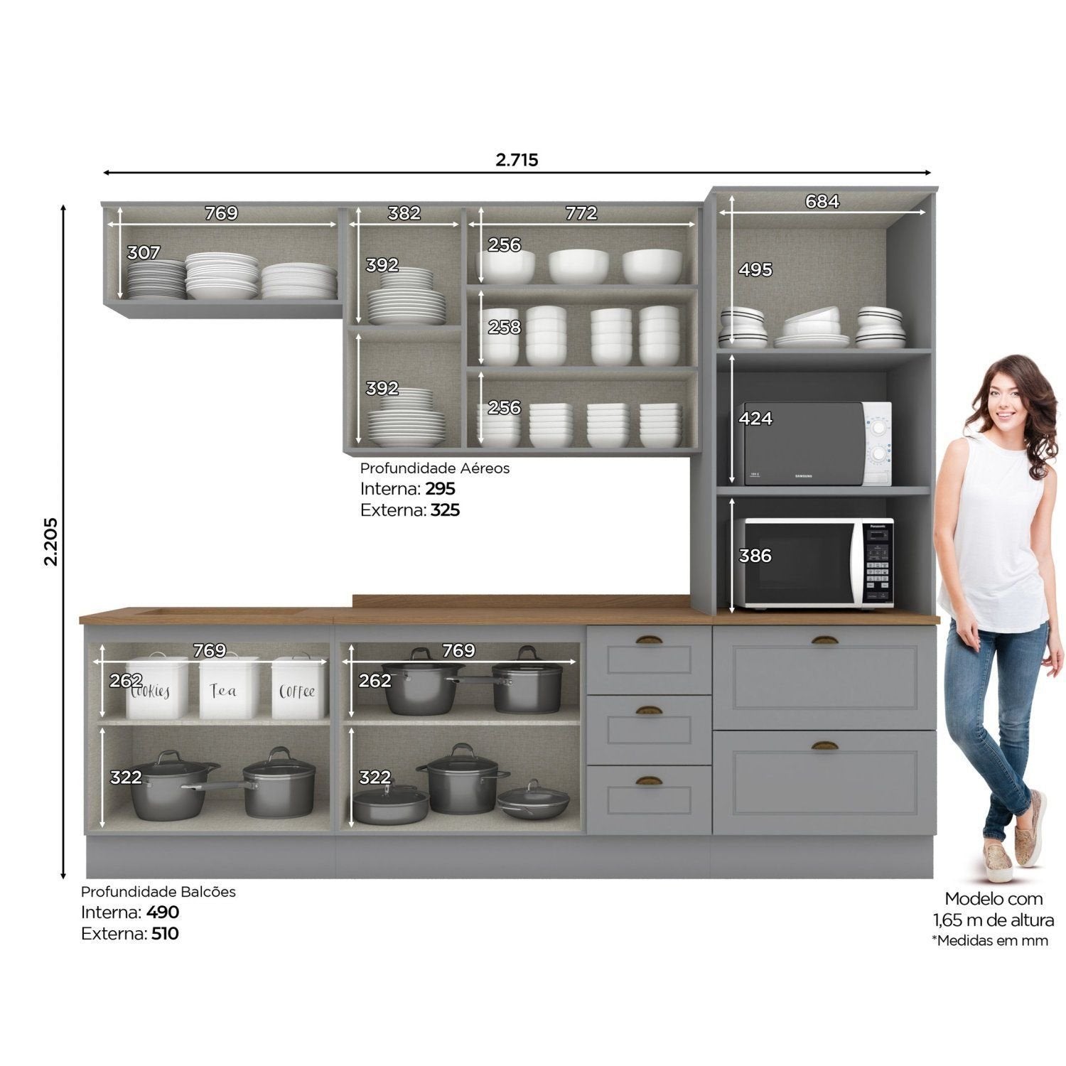Cozinha Completa Modulada 5 Peças Emily Cinza/Nature Espresso Móveis