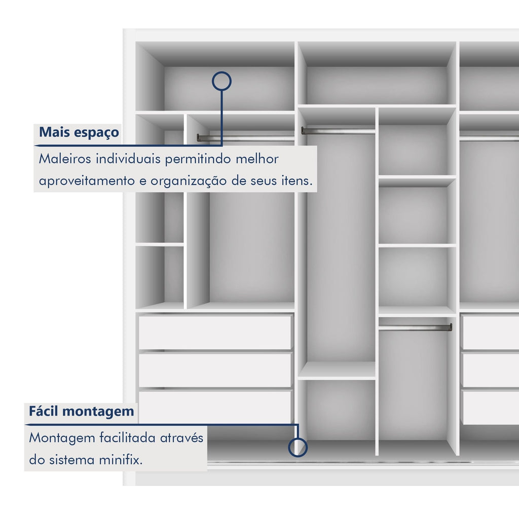 Guarda-Roupa Casal 3 Portas 6 Gavetas com Espelho Premium Lux Yescasa MDP Branco 242cm