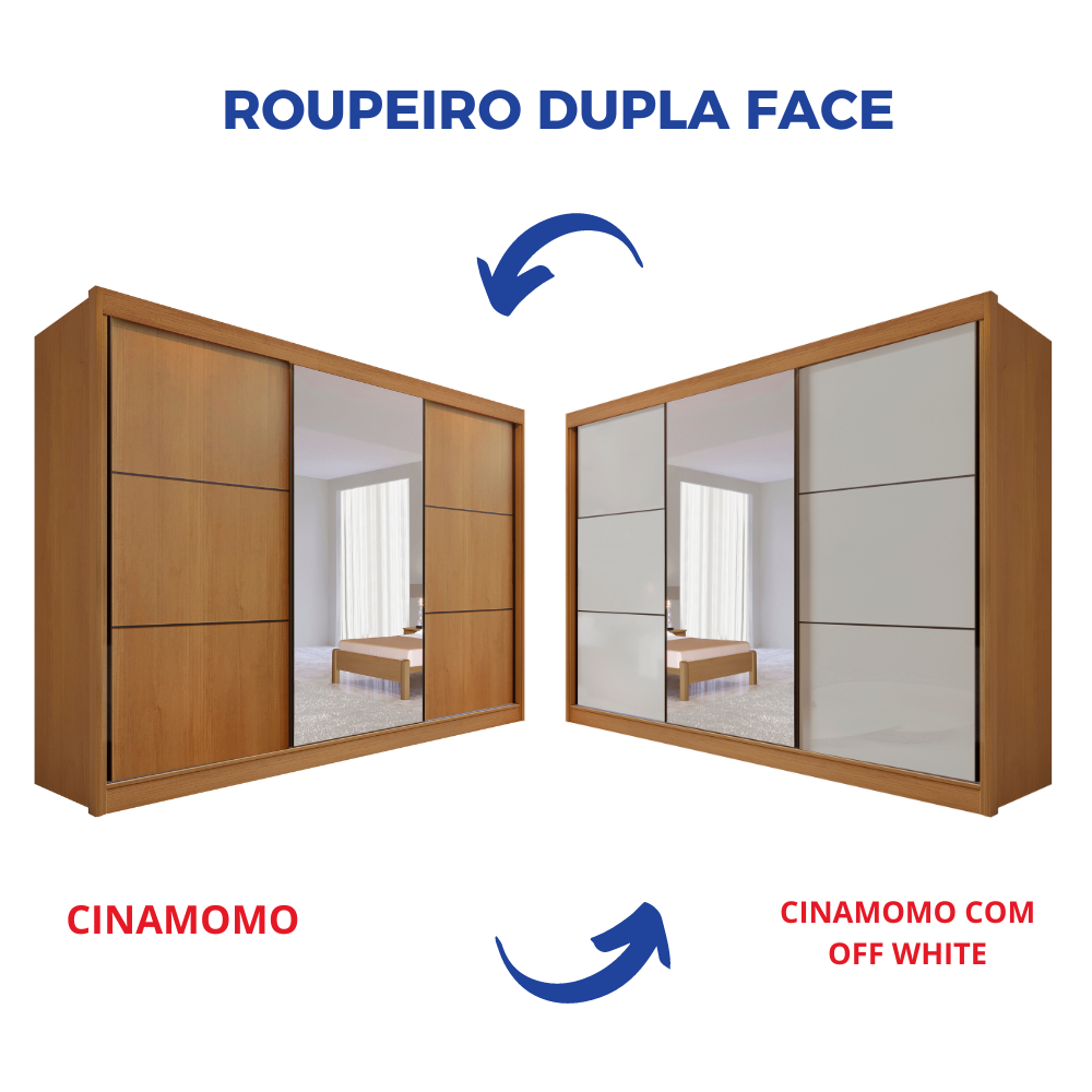 Guarda-Roupa Casal 3 Portas de Correr 6 Gavetas 273cm Miami D Doro 100% MDF Marrom/Cinamomo/Off White