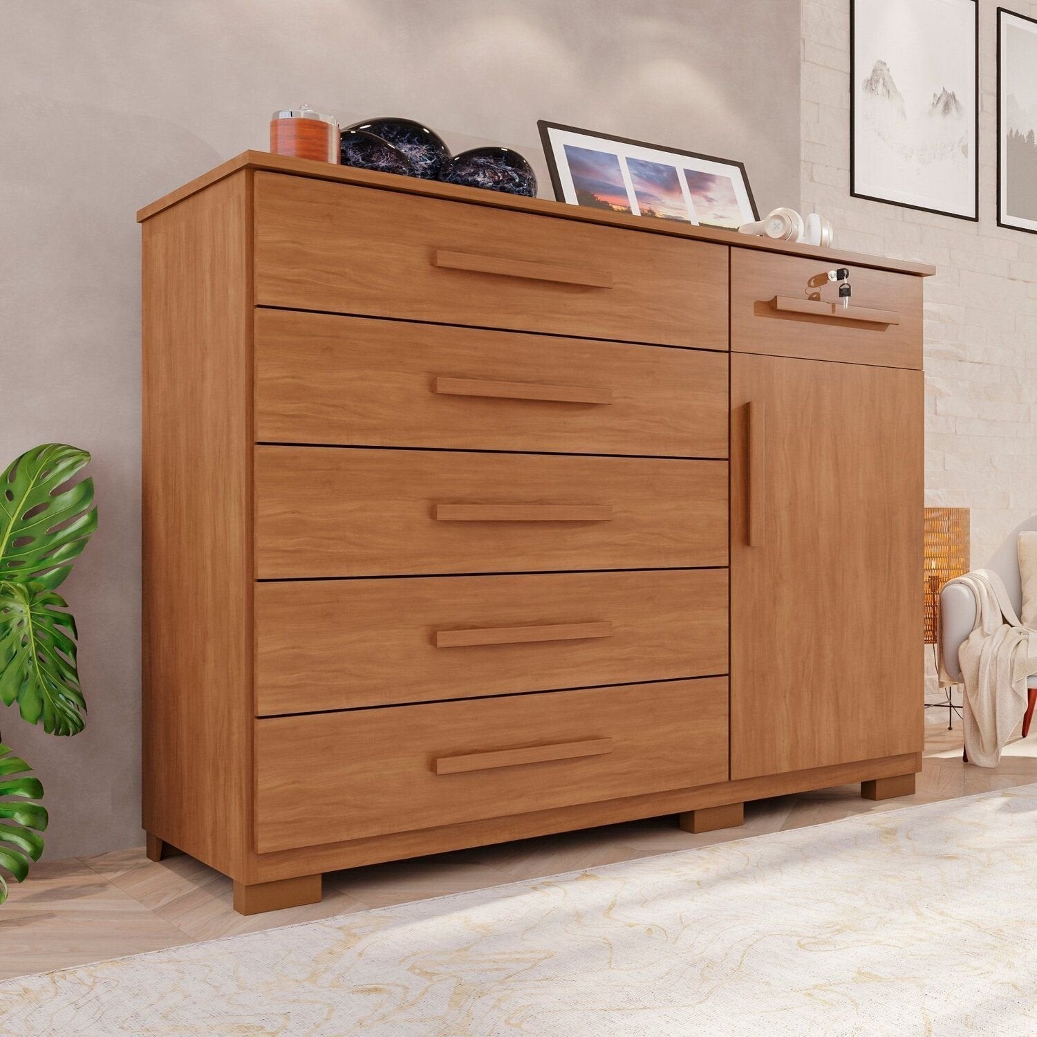 Cômoda para Quarto 1 Porta 6 Gavetas Jade Espresso Móveis Marrom/Cinamomo
