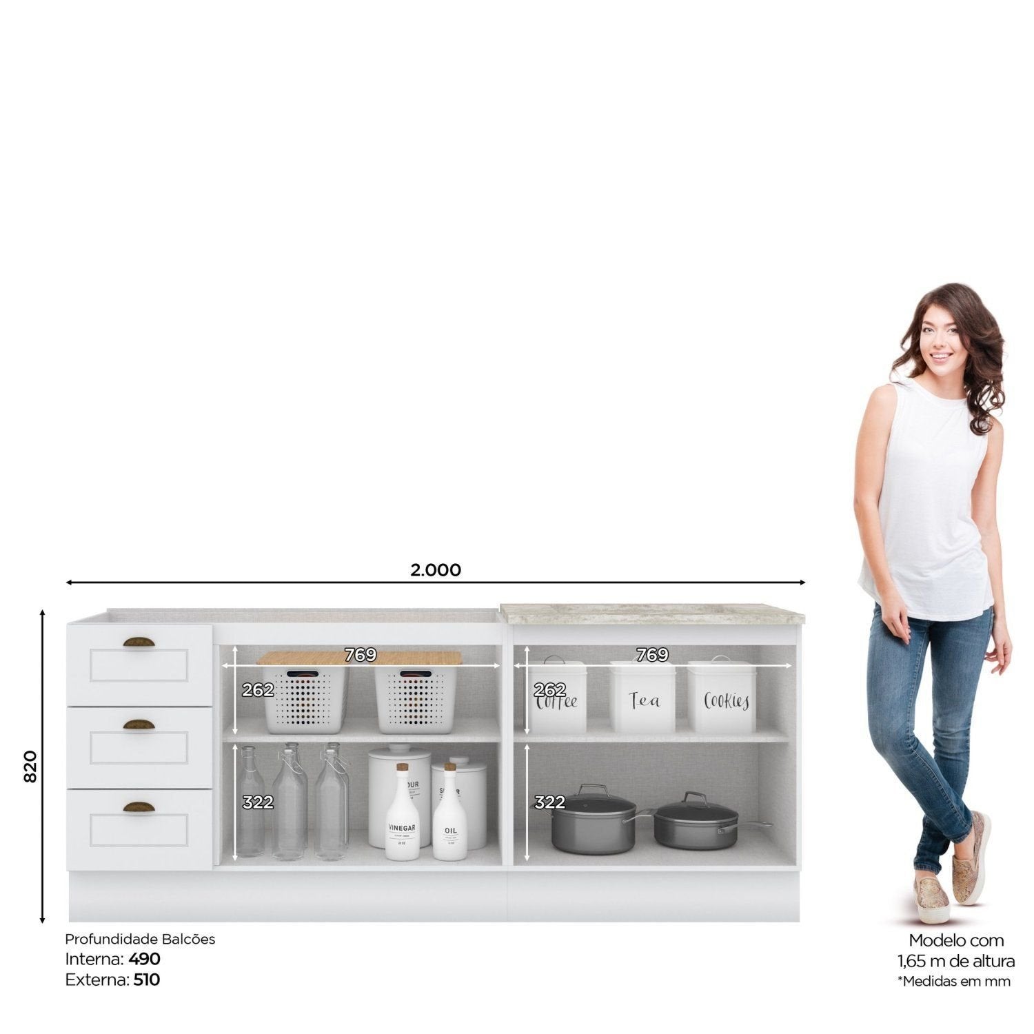 Cozinha Compacta Modulada Emily 4 Portas 3 Gavetas Branco/HP/Calcare Espresso Móveis