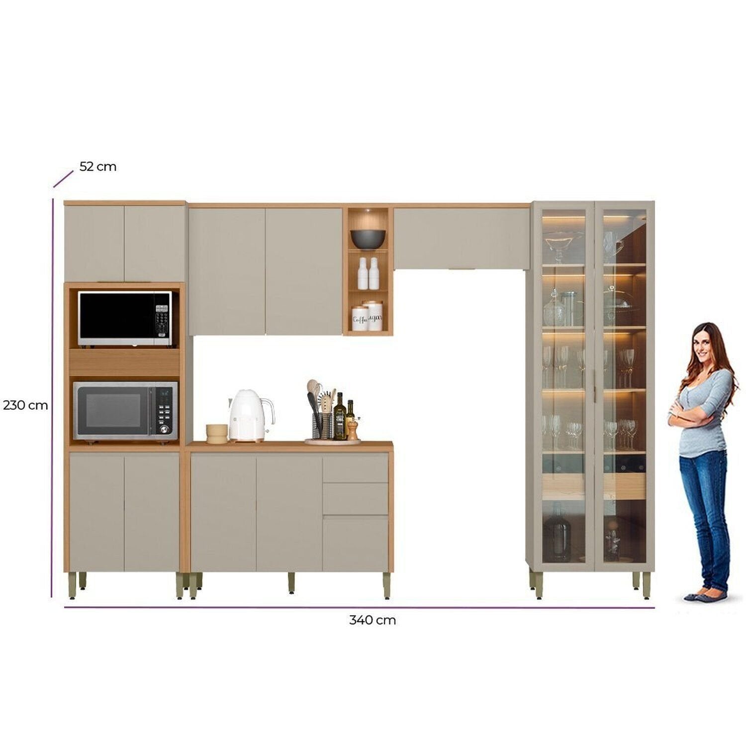 Cozinha Completa Modulada 5 Peças com Torre Quente e Cristaleira Allure Marrom/Jequitibá/Gris Fosco Linea Brasil