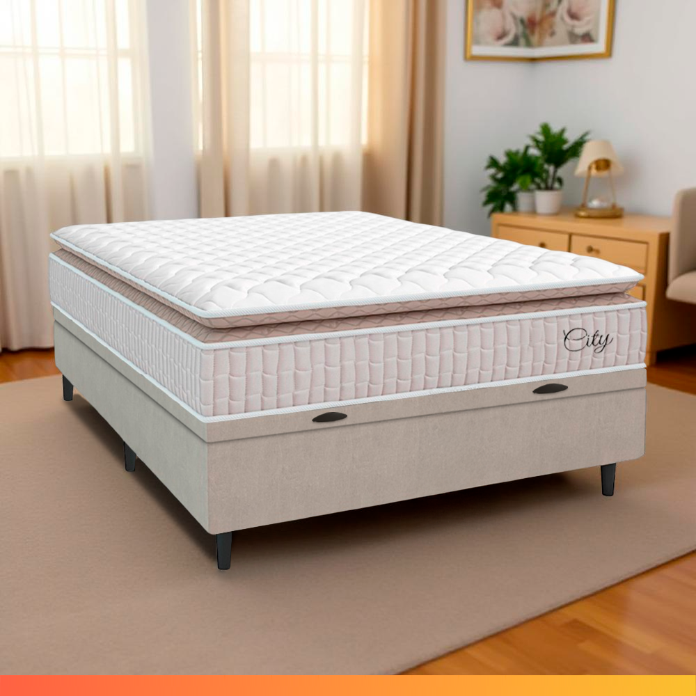Cama Box Baú Colchão Casal Molas Ensacadas City Pillow Top Hellen 138x188x64cm