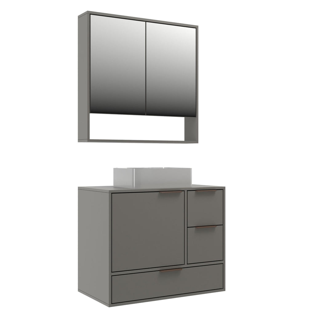Conjunto para Banheiro Gabinete Suspenso com Cuba e Espelheira Prime 801 Yescasa 80cm Cinza/Cimento