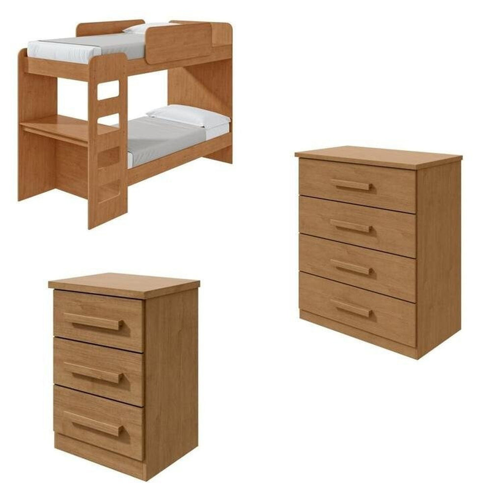 Kit Quarto Infantil 4 Peças com Beliche Olga Cômoda e Mesa de Cabeceira Baião Marrom Amêndoa Clean Móveis Lopas